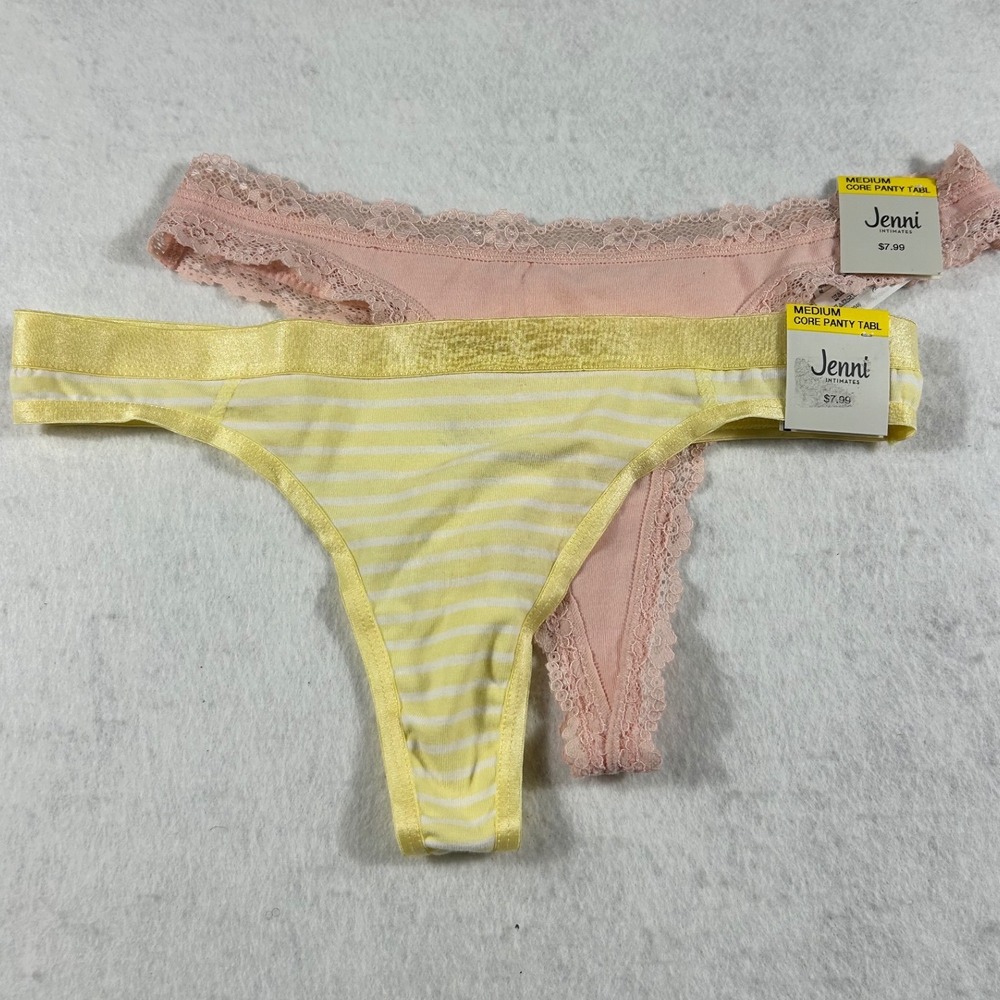 Jenni Intimates Women Medium Thong Underwear Lot 2 Pink Lace Yellow Stripe NWT